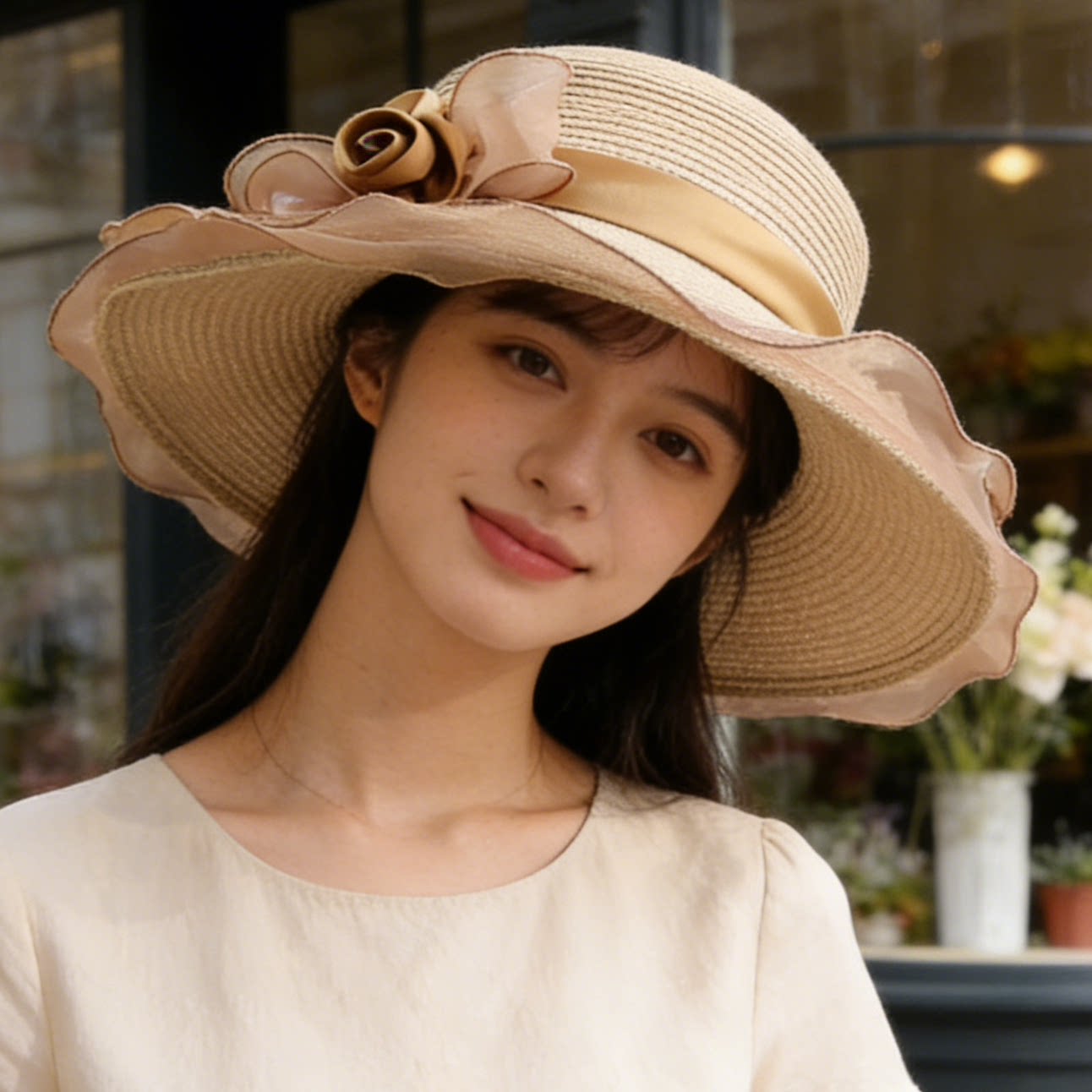 法式轻奢优雅蝴蝶结花朵草帽女夏季防晒帽遮阳帽出游沙滩太阳帽子