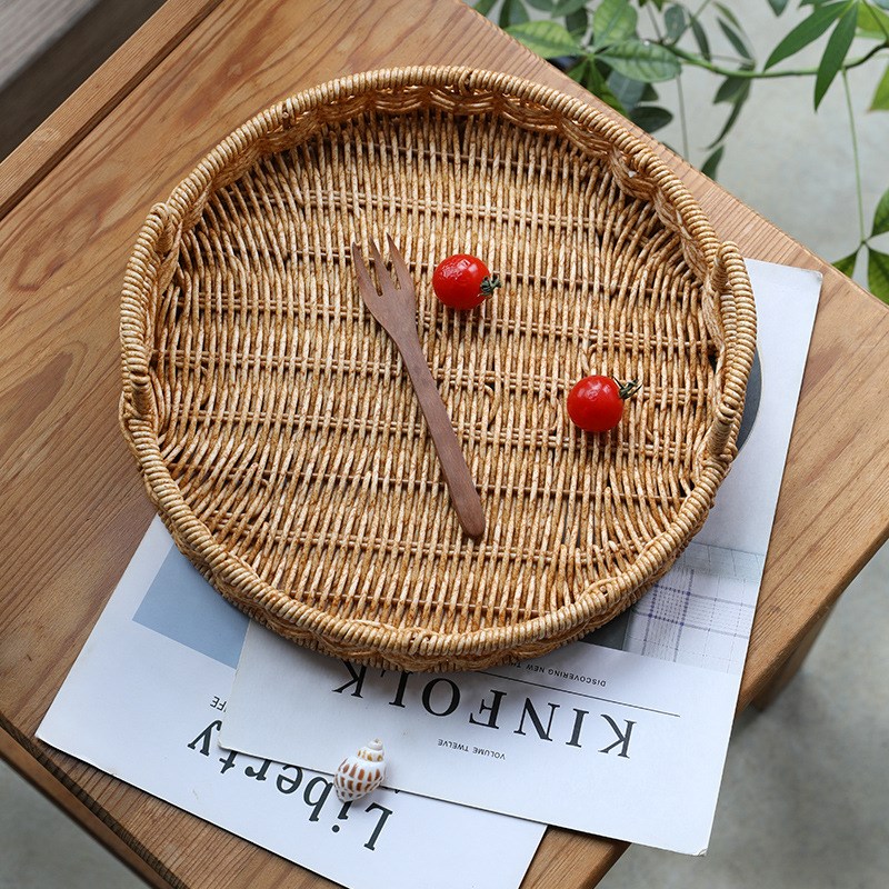 速发仿藤编织面盘点心双耳托盘圆摆编织水果篮形拍道具茶包糕点