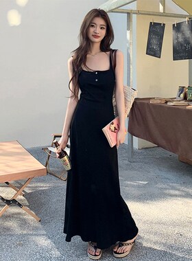 速发子欲性式吊带背心裙气质黑色连衣裙法感设计感收腰长裙纯夏