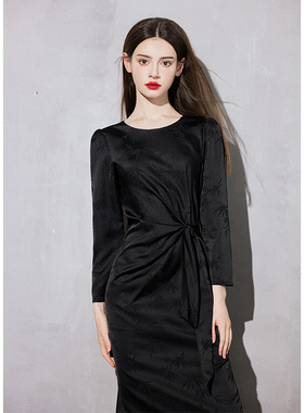 速发新常式国风黑色礼服小众轻奢高端收腰竹叶连衣裙日中可穿长袖