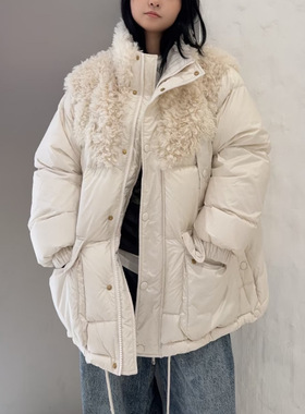 现货 拼接毛毛羽绒服女宽松立领冬季新款保暖加厚抽绳面包服Y2003