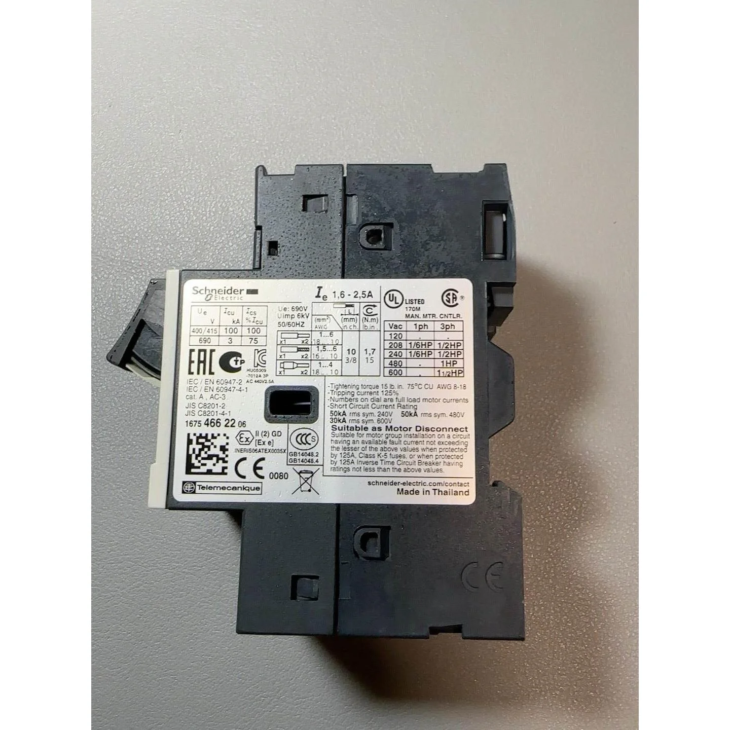 非标价施耐德全新原装GV2ME07，数量1个，单价123.76元议价