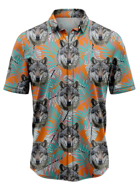 Polo neck loose print short sleeved shirt宽松印花短袖衬衫男