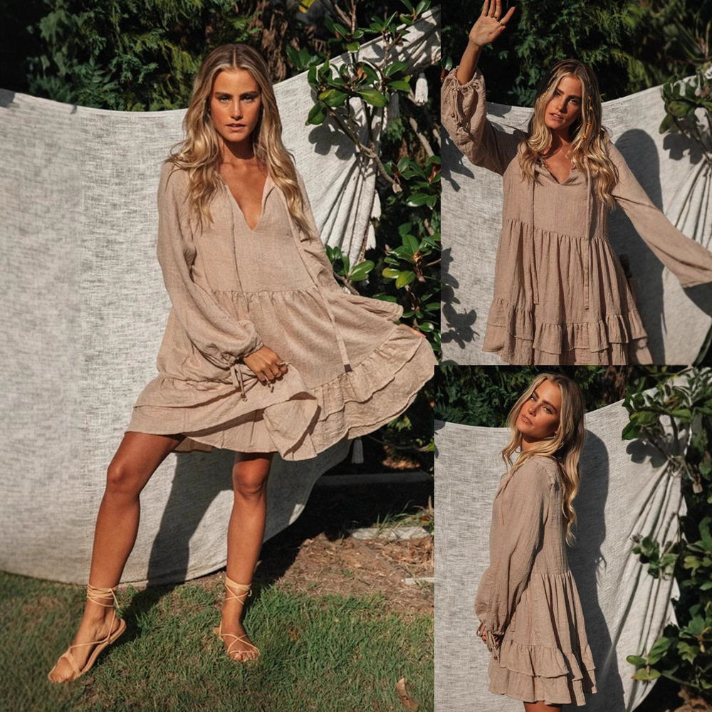 女士纯色V领系带灯笼袖连衣裙