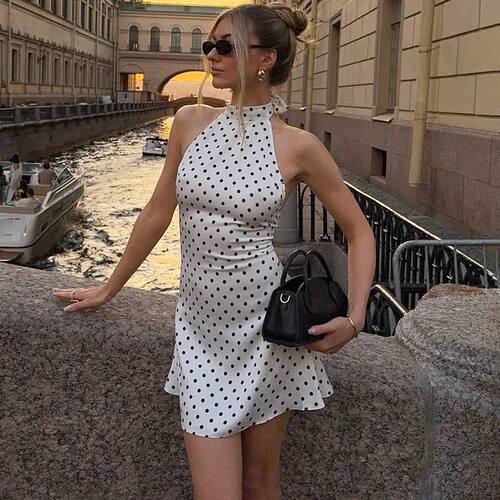 Tornova Polka Dot Halter Sleeveless Dress For Women Sexy Bac