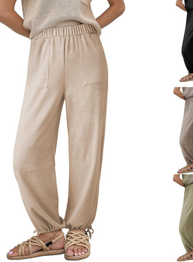 Solid-colored striped pants女装时尚纯色坑条阔腿抽绳休闲裤女