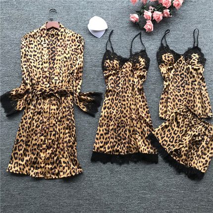 Black leopard print pajama set of four女士蕾丝豹纹睡衣四件套