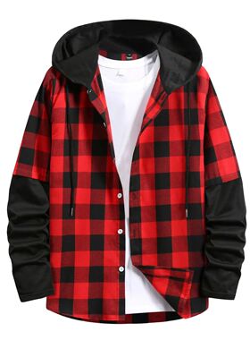 Plaid patchwork hooded casual shirt 男士格子拼接连帽休闲衬衫