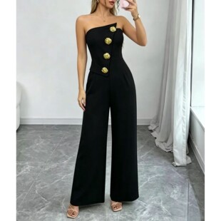 简约夏季纯色纽扣装饰抹胸微喇连身裤女Camisole flared jumpsuit