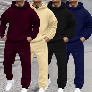 sweater hooded set 男Fleece 秋冬宽松运动纯色加绒连帽卫衣套装