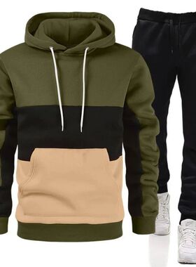 Men's color blocked pullover hoodie set男士拼色套头卫衣套装