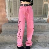 straight high Women waisted printed pants高腰印花直筒长裤
