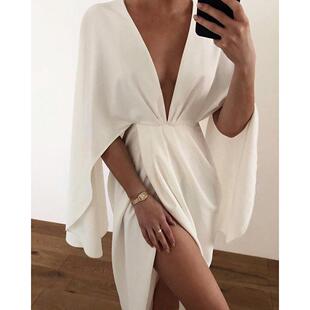 Ruched Sleeve Detail Cape Dress深V斗篷性感连衣裙 Slit Plunge