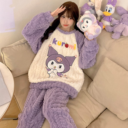 2024新款女童睡衣珊瑚绒秋冬季加绒卡通儿童女孩中小童家居服套装