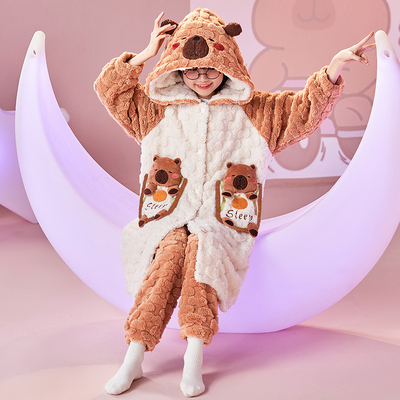 2025新款儿童法兰绒睡衣女童睡袍秋冬季加厚珊瑚绒长款中大童套装