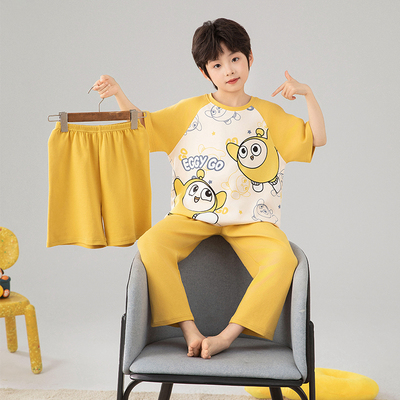 儿童睡衣男夏季纯棉短袖长裤三件