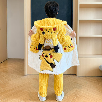 儿童睡袍男童睡衣秋冬季珊瑚绒加厚款法兰绒男孩中大童家居服套装