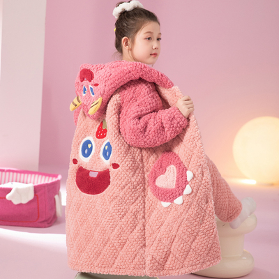 女童睡衣冬季三层夹棉套装大童女孩加绒加厚开衫儿童家居服可外穿