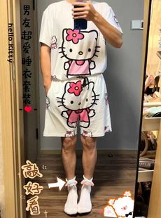 百搭情侣休闲睡衣套装 宽松沙滩短裤 男生凯蒂猫夏季 hellokitty短袖