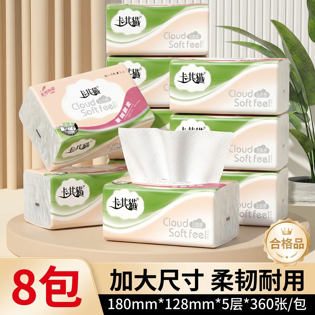卡其猫5层加厚印花抽纸图片