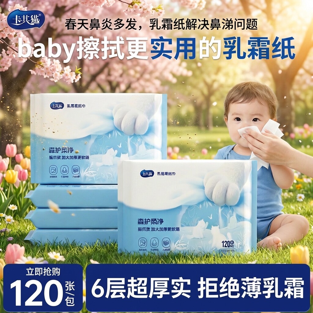 卡其猫乳霜纸6层120张婴儿专用加厚抽取式保湿纸巾超厚实便携式