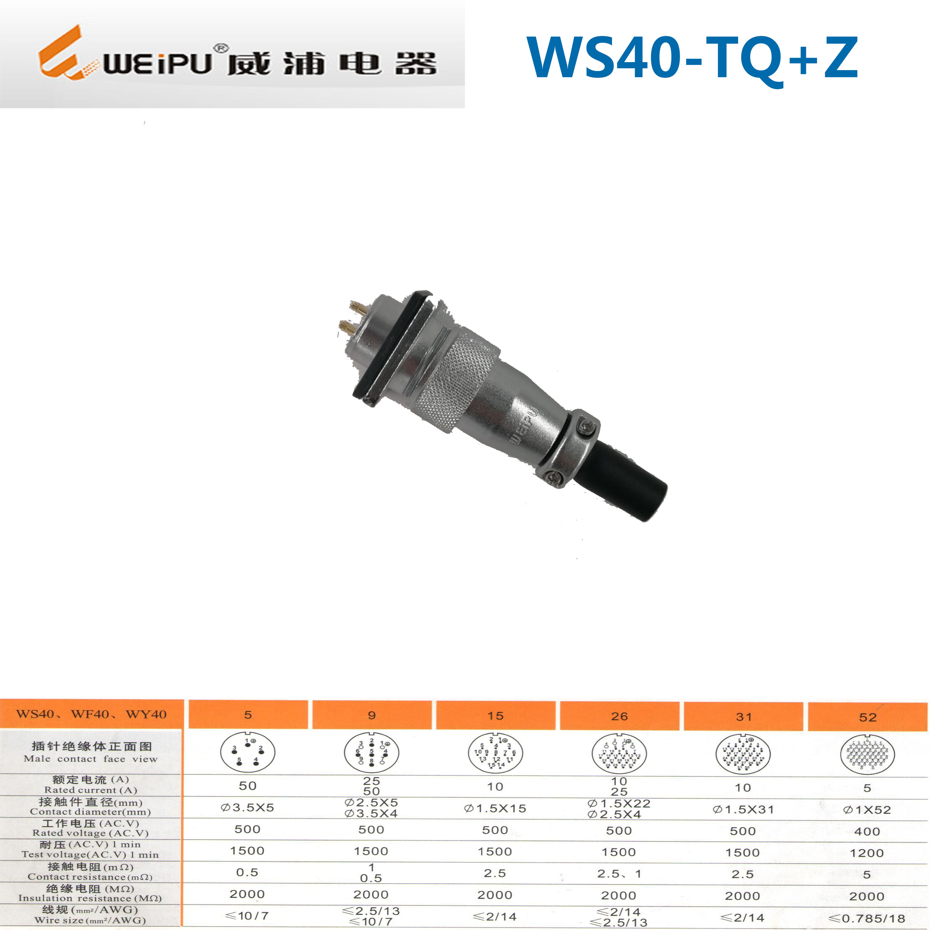 新款正品WEIPU航空插头插座 WS40 5P 9芯15孔26针31整套连接包邮
