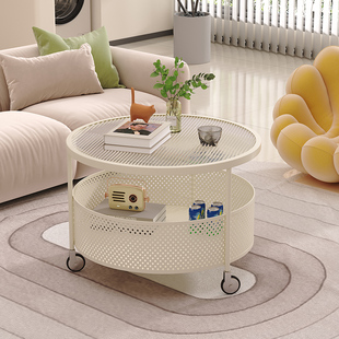 奶油风圆形玻璃可移动沙发茶几小户型客厅家用轻奢简约现代圆茶桌