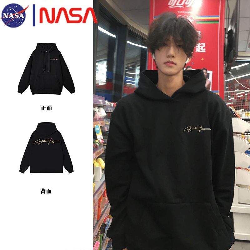 NASA复古高街个性字母连帽情侣加厚套头卫衣男女秋冬百搭宽松上衣
