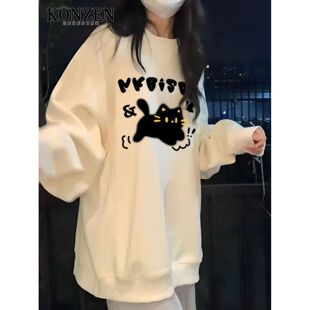 KONZEN圆领无帽套头奶fufu小猫美式卫衣女秋冬宽松加绒加厚长袖男