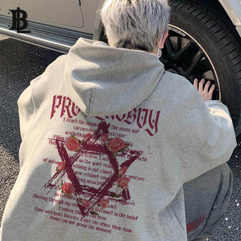 卫衣男款连帽衫痞帅美式高街复古加绒外套设计感六芒星字母印花