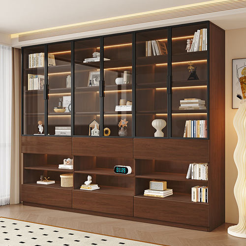 实木书柜一体整墙去客厅化满墙家用书柜组合带玻璃门展示柜子定制