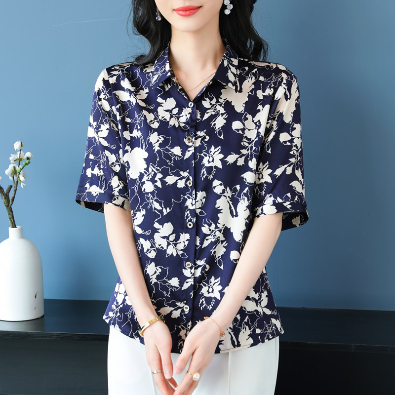 高端奢华真丝上衣女夏2025新款妈妈香云纱缎面短袖T恤桑蚕丝衬衫