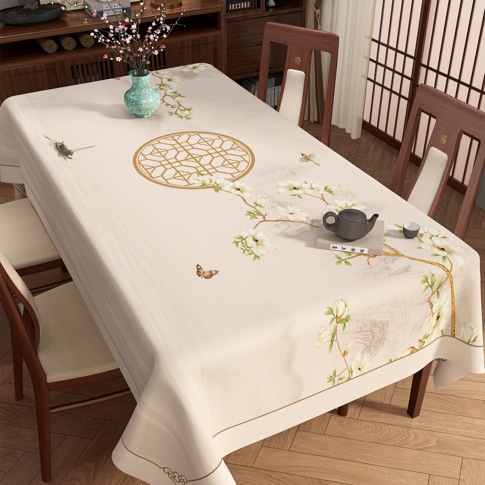 新中式桌布免洗防水防油防烫餐桌垫长方形轻奢高级感茶几桌垫台布