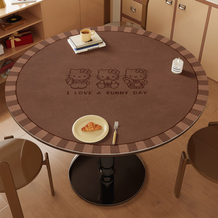 仿牛皮纹HelloKitty圆桌垫防油防水复古风餐桌布防烫隔热茶几台布