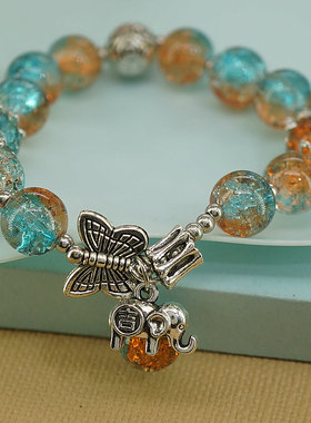 国风蝴蝶爆花手链渐变珠子古银色大象手串景区热销手串义乌饰品