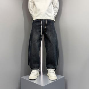 抽绳百搭长裤 极简风中性休闲宽松直筒阔腿加绒牛仔裤 新款 2025冬季