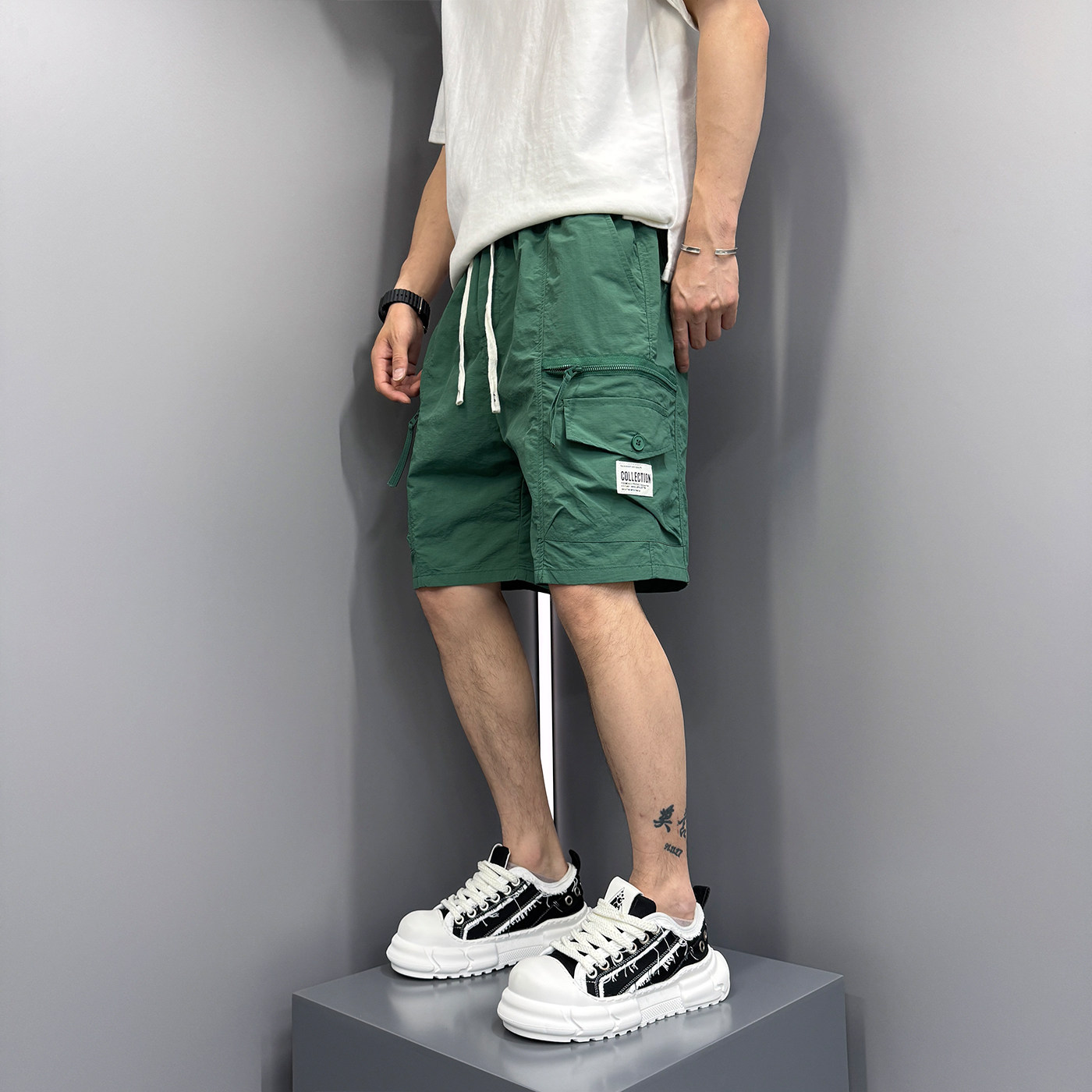 夏季男休闲拉链口袋短裤宽松工装大口袋沙滩裤冰丝速干凉感五分裤