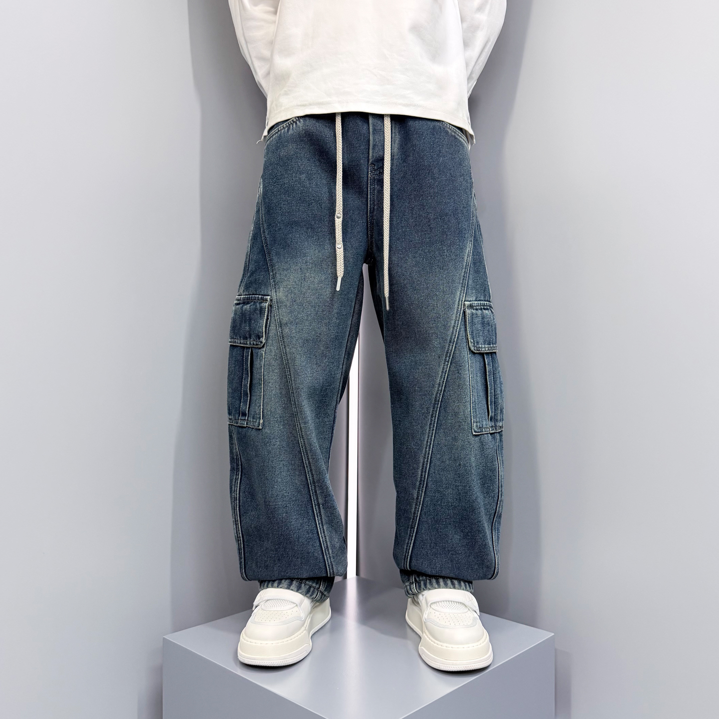 202新款美式复古水洗加绒牛仔裤