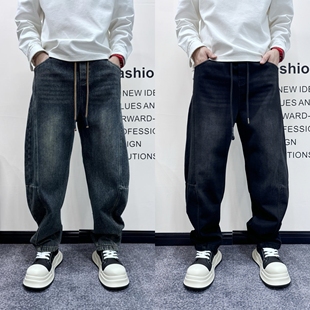 老爹裤 冬季 青年多口袋工装 水洗重磅阔腿拖地裤 加绒加厚弯刀牛仔裤