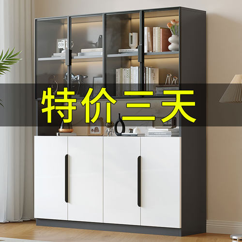 书柜带玻璃门轻奢实木质储物手办展示柜组合定制置物柜子落地书架