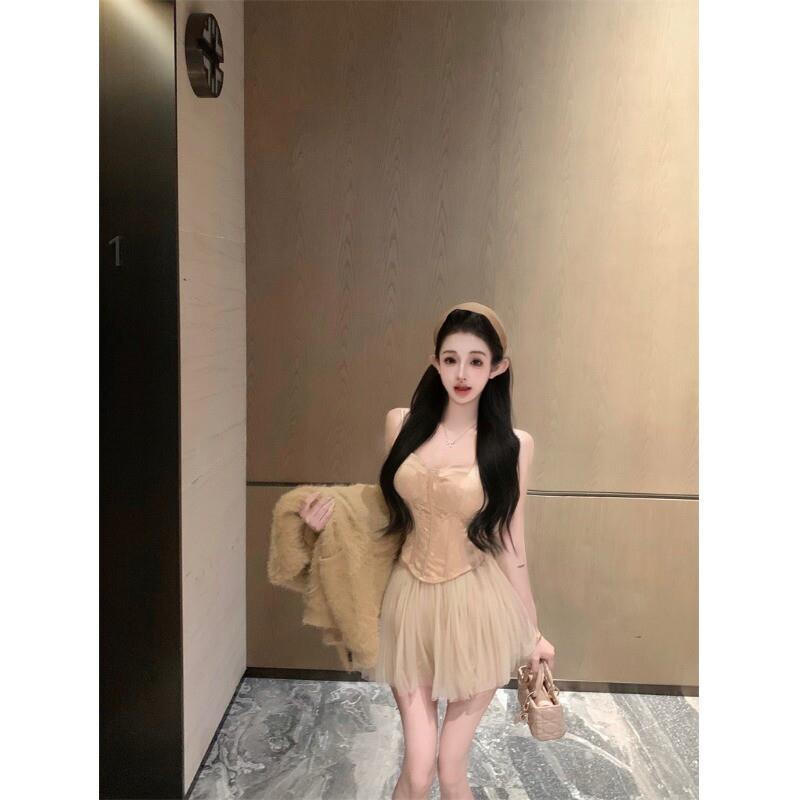 时尚套装气质修身鱼骨短款吊带背心女夏季网纱高腰半身裙子两件套
