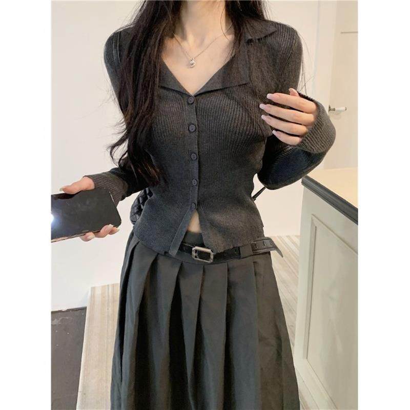 美式甜辣polo翻领针织开衫春秋季修身V领外搭上衣别致打底毛衣女,女装/女士精品,毛针织衫,淘宝优惠券,粉丝福利购,淘宝优惠卷