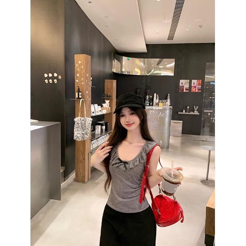 法式花边条纹无袖吊带背心女夏季蝴蝶结短款甜辣妹设计感外穿上衣