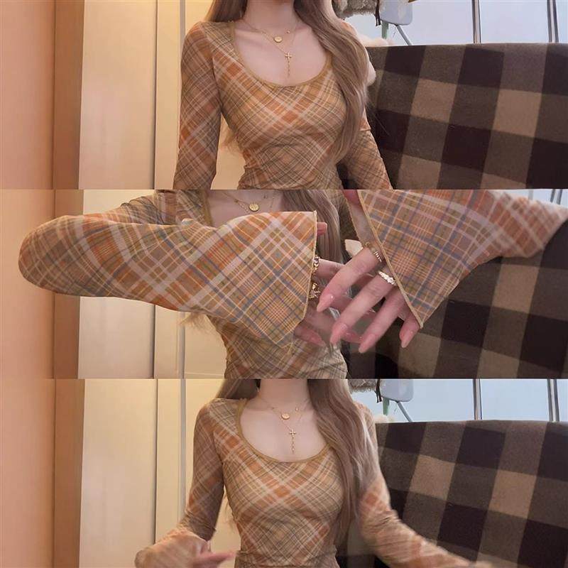 美式复古格纹网纱长袖t恤女早秋修身显瘦气质慵懒休闲百搭上衣潮,女装/女士精品,T恤,淘宝优惠券,粉丝福利购,淘宝优惠卷
