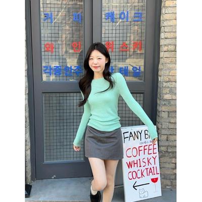 薄荷绿曼波风针织打底衫女春季韩系防晒罩衫小众修身内搭短款上衣