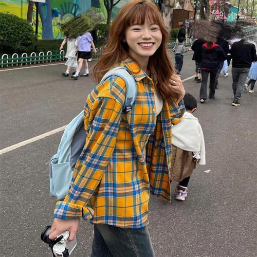 美式高街黄色格子衬衫衬衣女大码胖mm春秋季开襟衫长袖外套上衣潮