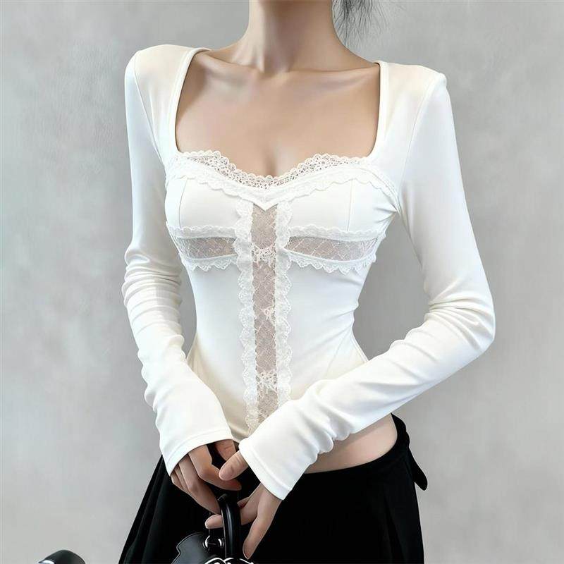 秋冬辣妹蕾丝拼接方领磨毛加绒打底衫女内搭修身正肩长袖t恤上衣,女装/女士精品,T恤,淘宝优惠券,粉丝福利购,淘宝优惠卷