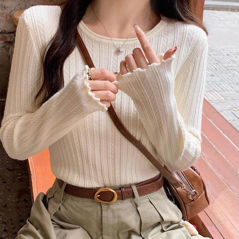 木耳边圆领毛衣打底衫女秋冬季2025新款高级感内搭长袖针织衫上衣,女装/女士精品,毛针织衫,淘宝优惠券,粉丝福利购,淘宝优惠卷