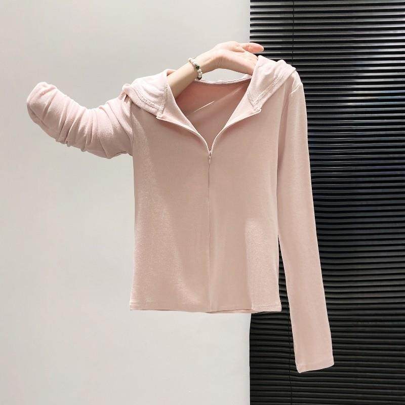 粉色连帽半拉链长袖t恤女2025秋季新款修身显瘦简约休闲上衣外套,女装/女士精品,T恤,淘宝优惠券,粉丝福利购,淘宝优惠卷