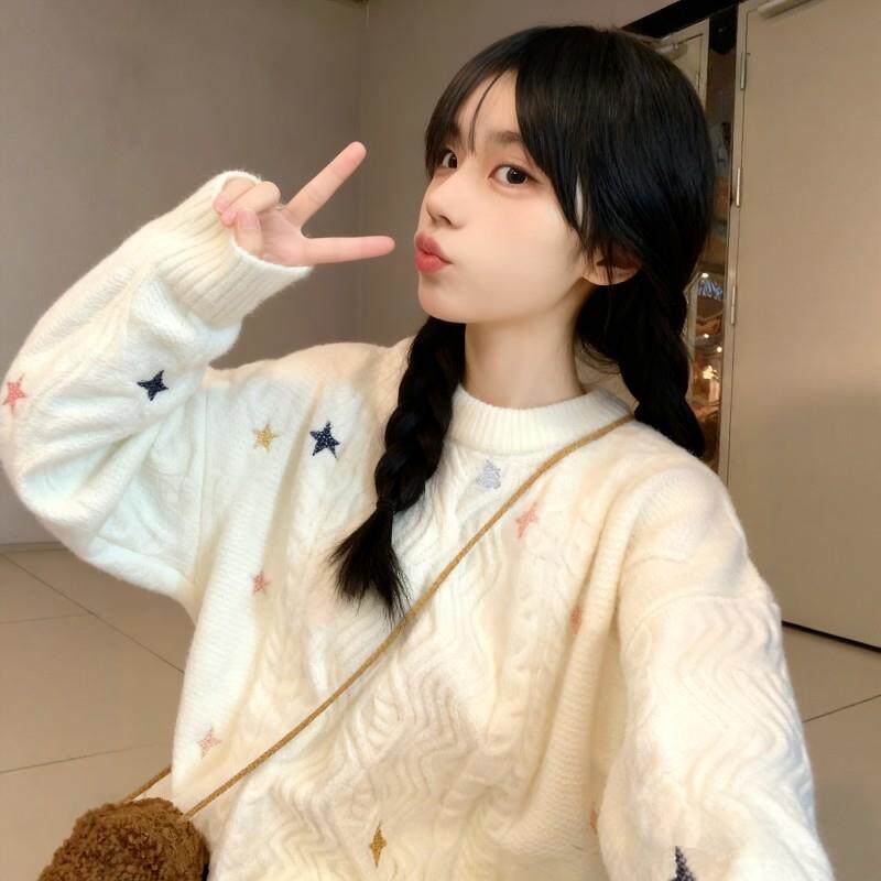 日系复古麻花毛衣女秋冬可外穿宽松慵懒风初中学生加厚针织打底衫